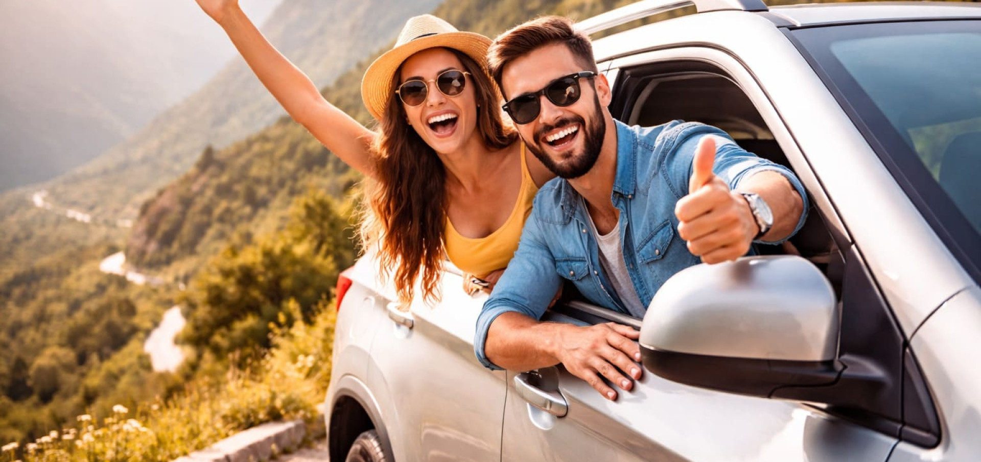 Happy couple driving rental SUV in Georgian mountains &ndash; Royal Car Rent Tbilisi